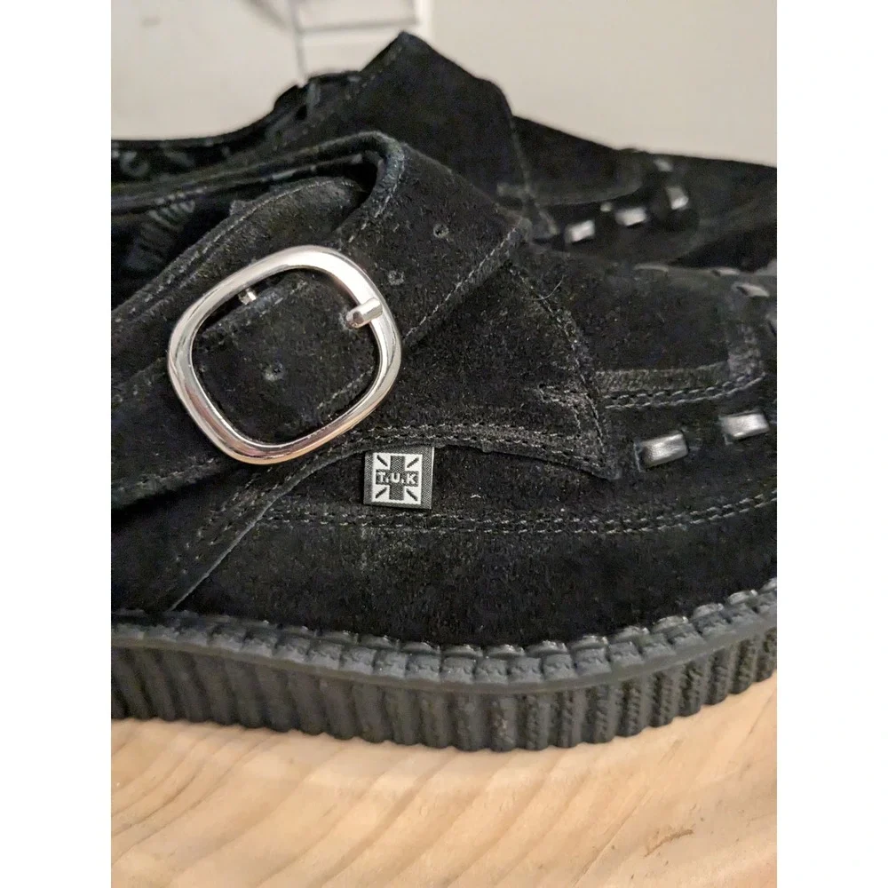NWOT T.U.K. Black Suede Monk‎ Strap Creepers Platform Shoes Size US 7 EU 40